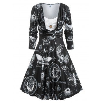 

Gothic Draped Cowl Front Sun Moon Star Dragonfly Print A Line Dress, Black