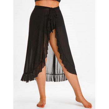 

Plus Size Self-tie Ruffle Mesh Sarong with High Waist Briefs, Black