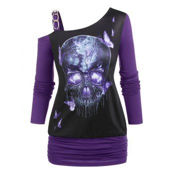 

Halloween Skew Neck Butterfly Skull Print Blouson T-shirt, Black