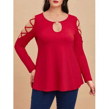 

Plus Size Ring Keyhole Cutout Lattice Cold Shoulder Top, Deep red