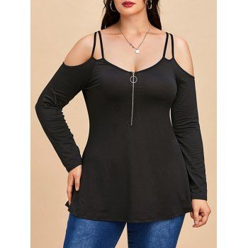 

Plus Size Dual Straps Cold Shoulder Half Zip Tee, Black