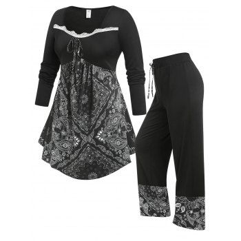 

Plus Size Paisley Tribal Print T-shirt and Drawstring Pants Set, Black