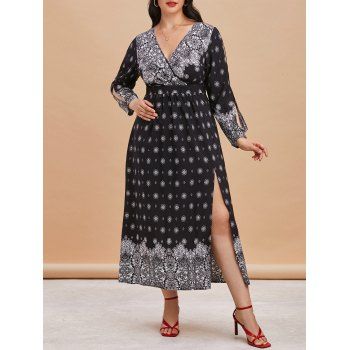 

Printed Split Sleeve Thigh Slit Plus Size Surplice Dress, Black