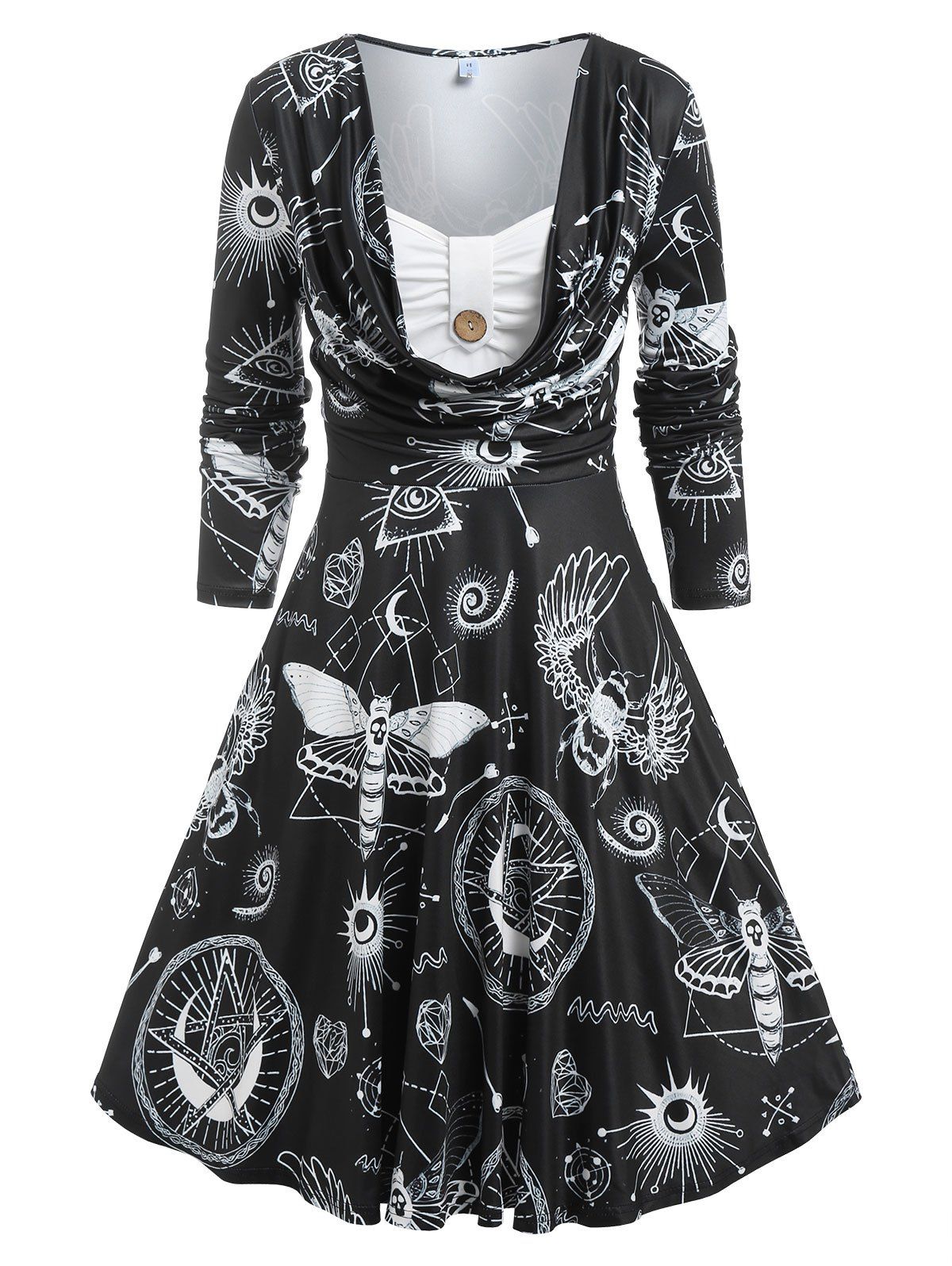 Gothic Draped Cowl Front Sun Moon Star Dragonfly Print A Line Dress - BLACK L
