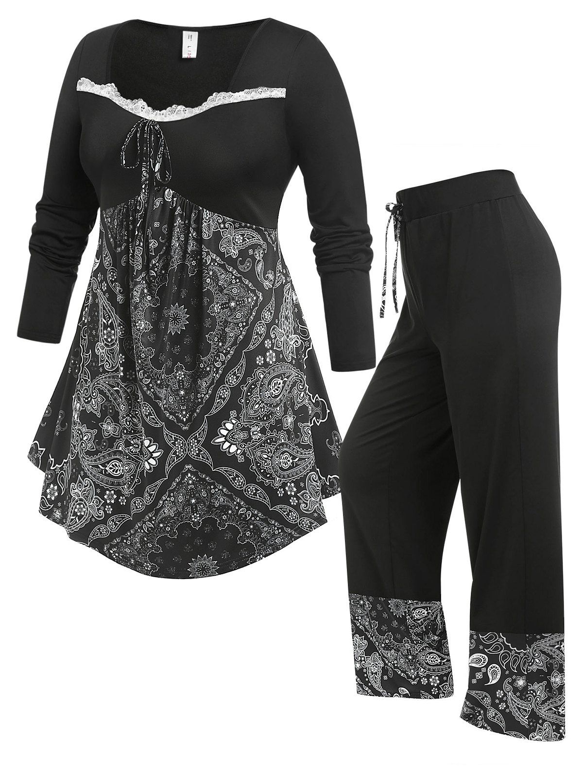Plus Size Paisley Tribal Print T-shirt and Drawstring Pants Set - BLACK 4X