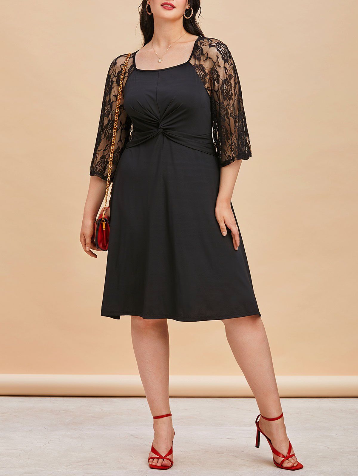 Plus Size Lace Insert Sheer Twisted Dress - BLACK 3X