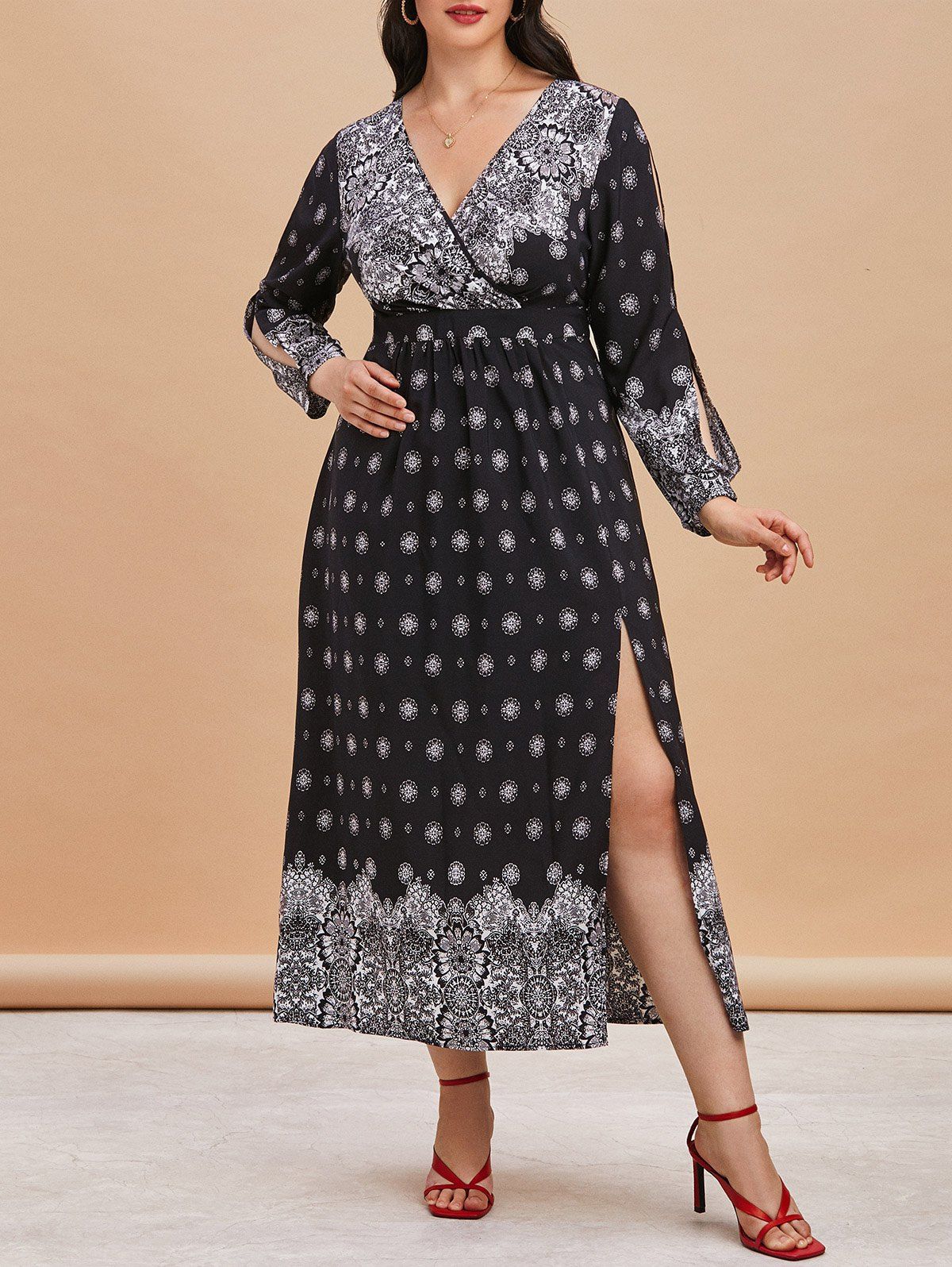 Printed Split Sleeve Thigh Slit Plus Size Surplice Dress - BLACK 5X