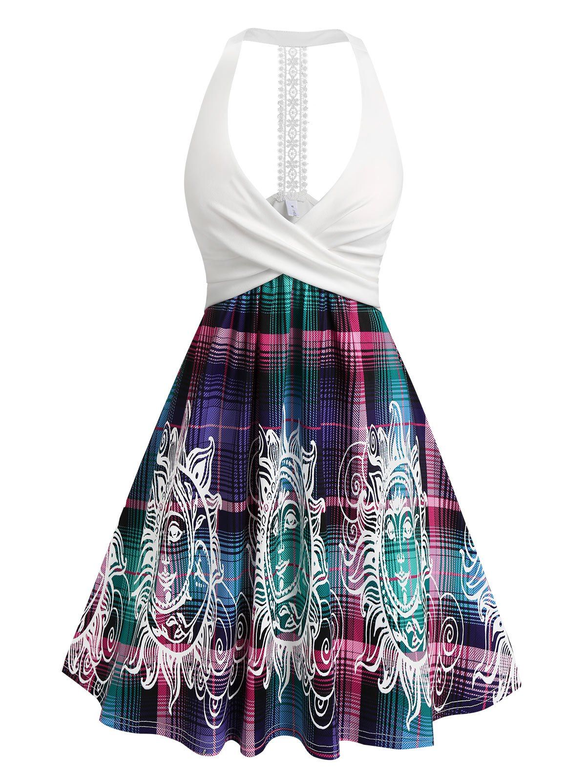 Celestial Sun Moon Print Mini Dress Crossover Plunging A Line Dress Lace Insert Sleeveless Dress - PURPLE XXXL