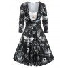 Robe à Imprimé Libellule Etoile Lune et Soleil Fausse Deux Pièces en Ligne A - Noir XL