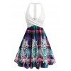 Celestial Sun Moon Print Mini Dress Crossover Plunging A Line Dress Lace Insert Sleeveless Dress - PURPLE XXXL