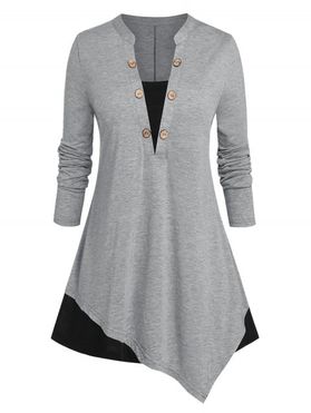 Plus Size Bicolor Asymmetrical Buttoned Long Sleeve Tee