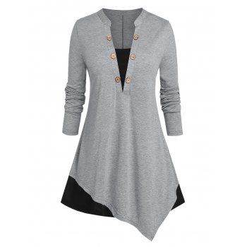 Women Plus Size Bicolor Asymmetrical Buttoned Long Sleeve Tee Clothing Online L Light gray