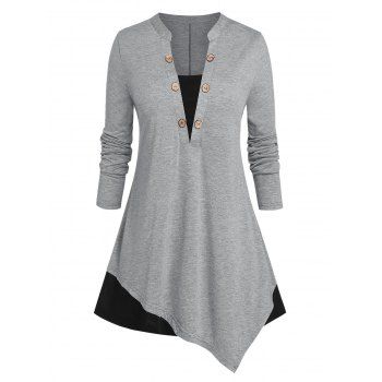 

Plus Size Bicolor Asymmetrical Buttoned Long Sleeve Tee, Light gray