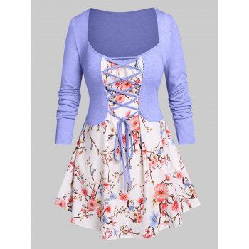 

Plus Size Lace Up Floral Print 2 in 1 T-shirt, Light purple