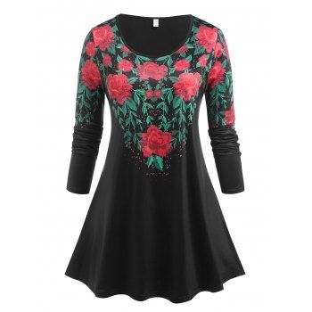 

Plus Size Leaf Flower Print Longline T Shirt, Black
