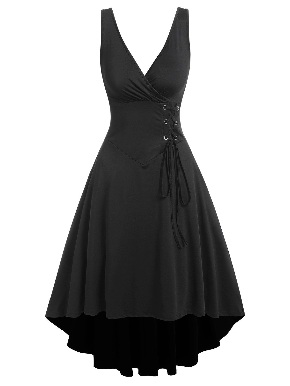 Plunge Corset Waist Lace Up High Low Dress - BLACK M