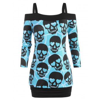 

Plus Size Halloween Skull Print Open Shoulder Ruched T Shirt, Green