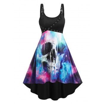 

Gothic Galaxy Skull Print Grommet High Low Buckle Cami Midi Dress, Black