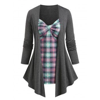 

Twist Bust Faux Two Piece Plaid Top, Gray