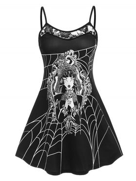 Gothic Retro Lady Print Sheer Lace Panel Cami Skater Dress