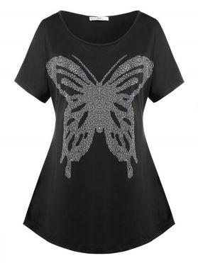 T-shirt à Motif Papillon à Manches Chauves-Souris avec Strass Grande Taille