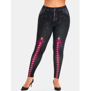 

Plus Size 3D Lace-up Print High Rise Jeggings, Black