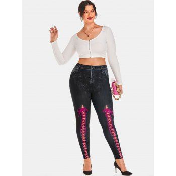 Plus Size 3D Lace-up Print High Rise Jeggings