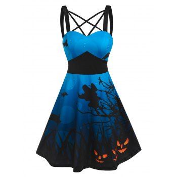 

Halloween Pumpkin Bats Print Sleeveless Strappy Dress, Blue