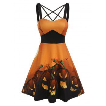 

Halloween Sleeveless Pumpkin Print Strappy Dress, Orange