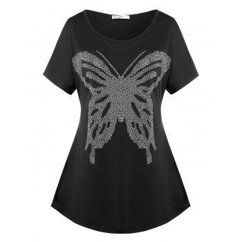 

Plus Size Butterfly Pattern Rhinestone Batwing Sleeve Tee, Black