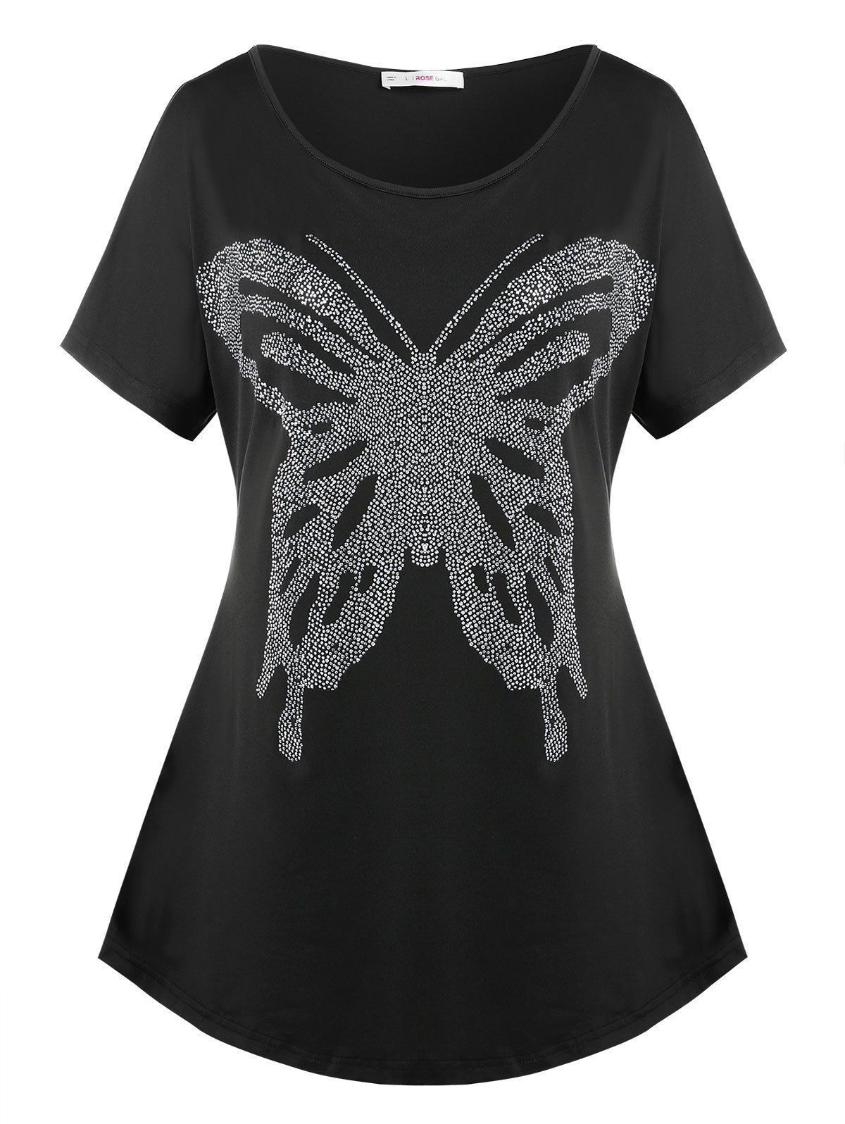 T-shirt à Motif Papillon à Manches Chauves-Souris avec Strass Grande Taille - Noir 3X