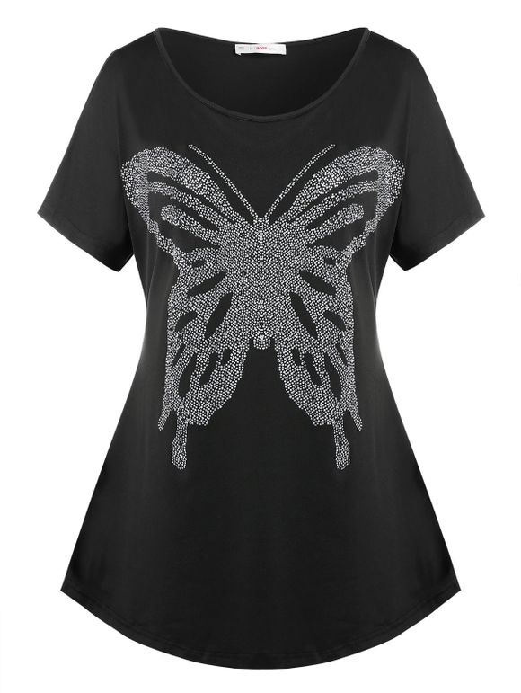 Plus Size Butterfly Pattern Rhinestone Batwing Sleeve Tee - BLACK 5X