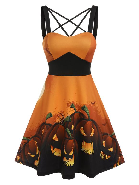 Robe D'Halloween à Bretelle à Imprimé Citrouille sans Manches - Orange XXXL