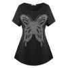 T-shirt à Motif Papillon à Manches Chauves-Souris avec Strass Grande Taille - Noir L