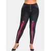 Legging à Imprimé 3D à Coupe Haute de Grande Taille à Lacets - Noir 4X