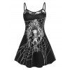 Robe Jupée Rétro Imprimée à Bretelles à Empiècement Dentelle Transparente - Noir XL