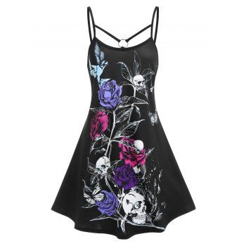 

Gothic Skull Flower Bird Print O Ring Cami A Line Dress, Black