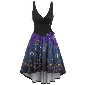 

Sun Moon Print Corset High Low Dress, Black