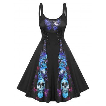 

Butterfly Skull Panel Print Corset Waist Flare Dress, Black