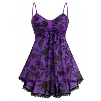 

Plus Size Floral Print Sheer Mesh Babydoll Set, Purple