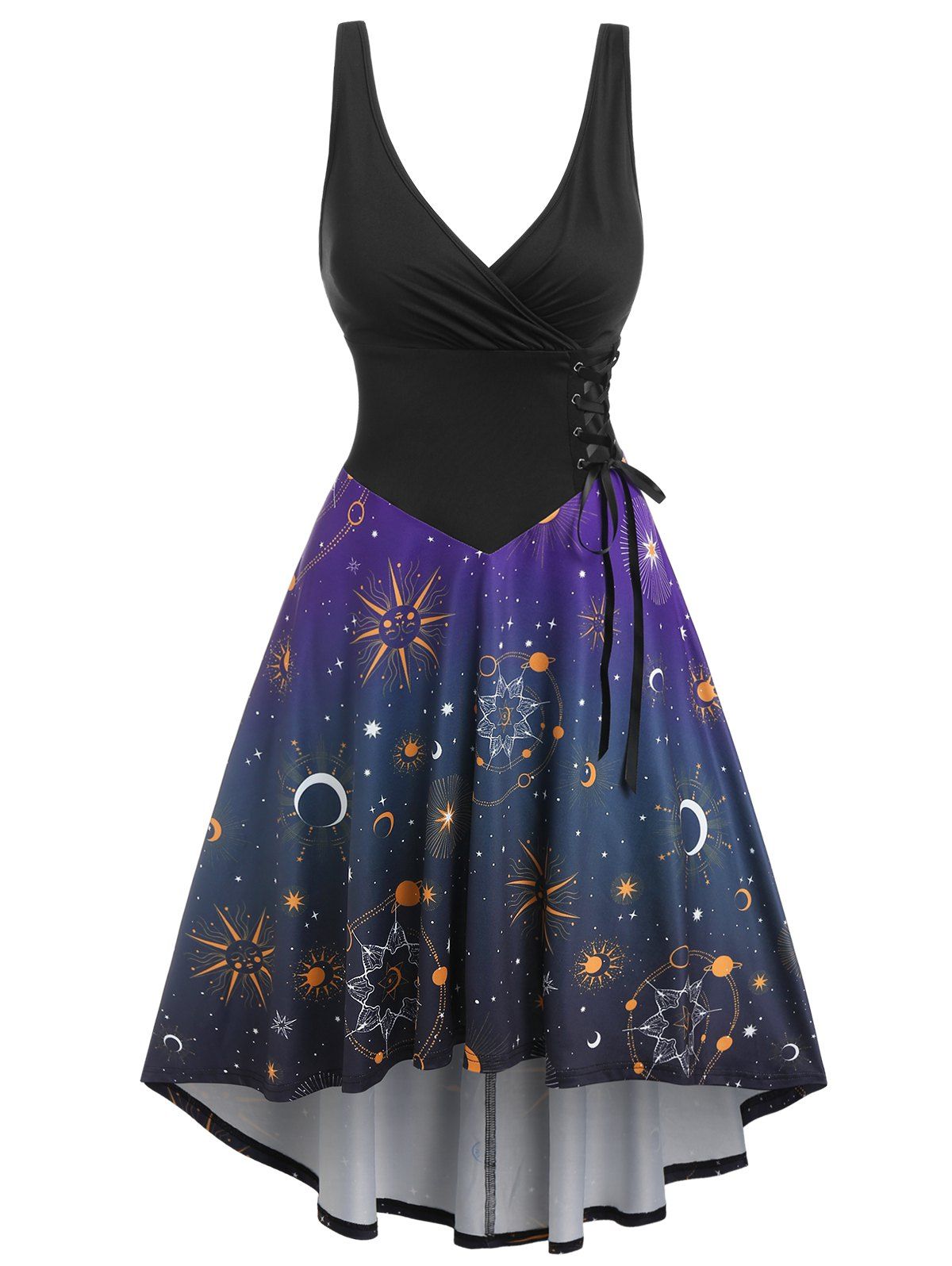 Vintage Sun Moon Print Corset Surplice High Low Dress - BLACK XL