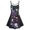 Robe à Bretelle à Imprimé Fleur Crâne et Oiseau en Ligne A Anneau en O - Noir M