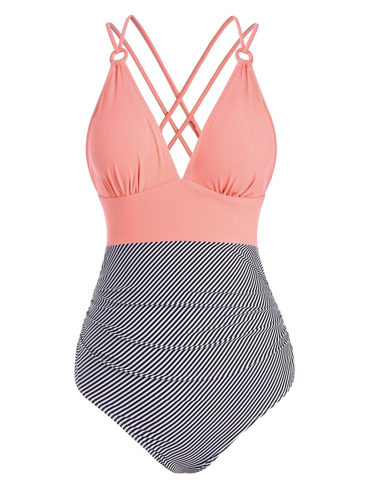 Striped Ruched Crisscross Back One-piece Swimsuit - LIGHT PINK M