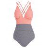 Contrast Tummy Control Swimwear Striped Ruched Crisscross One-piece Swimsuit - LIGHT PINK S