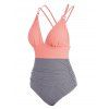 Contrast Tummy Control Swimwear Striped Ruched Crisscross One-piece Swimsuit - LIGHT PINK S