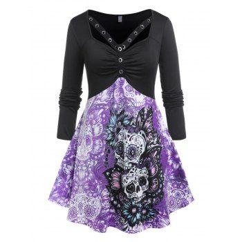 

Plus Size Halloween Skull Flower Grommet Tee, Black