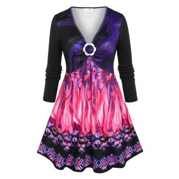 

Plus Size Flower Ring Printed Long Sleeve T-shirt, Black