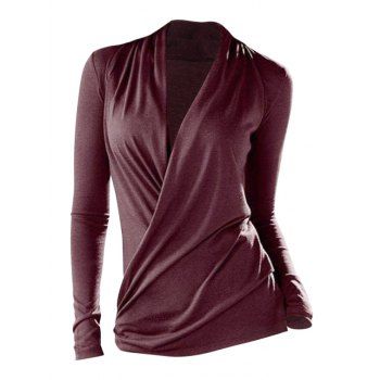 

V Neck Ruched Surplice T Shirt, Deep red