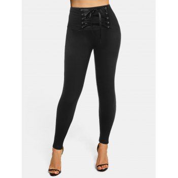 

High Waisted Lace-up Skinny Leggings, Black