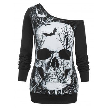 

Skull Pattern Skew Neck Asymmetrical T Shirt, White